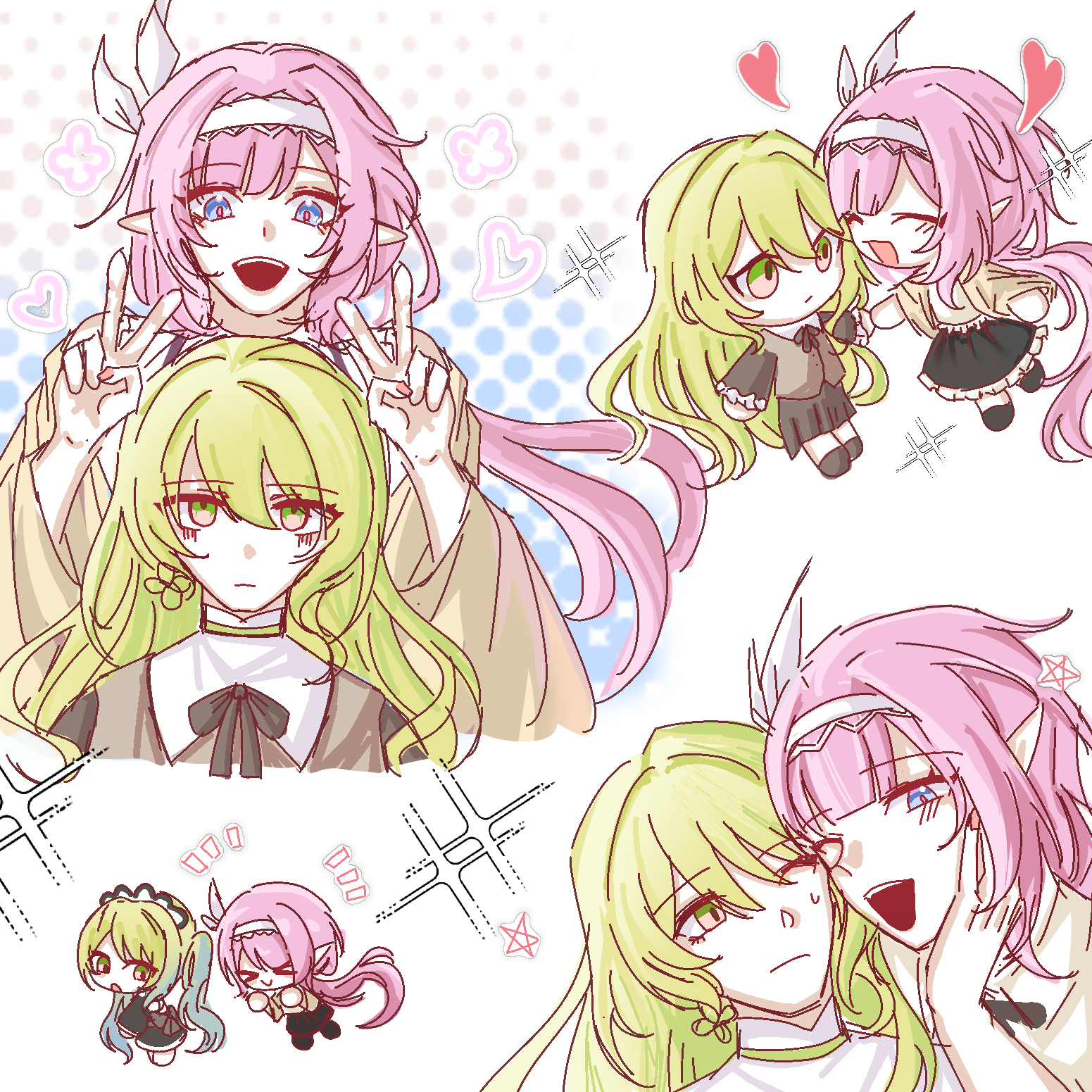 elysia (honkai impact), mobius (honkai impact), honkai (series), honkai impact 3rd, chinese commentary, commentary request, highres, 2girls, black dress, black skirt, blue eyes, chibi, double v, dress, elf, green eyes, green hair, hairband, heart, holding hands, long hair, multiple girls, multiple views, open mouth, pink hair, pointy ears, shirt, skirt, v, very long hair, white hairband, white shirt, yonghu yi zhuxiao