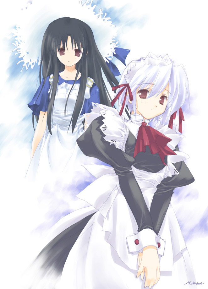 kotonomiya yuki, makino nanami, suigetsu, apron, black hair, bonnet, lace-trimmed apron, lace trim, long hair, maid, ribbon, short hair, sleeve cuffs, white hair