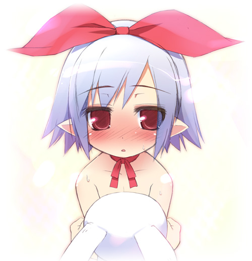 haga yui, pleinair, usagi-san, disgaea, nippon ichi, original, 1girl, bow, eyes visible through hair, female focus, hair bow, loli, nude, pointy ears, rabbit, red eyes, simple background, solo, white background