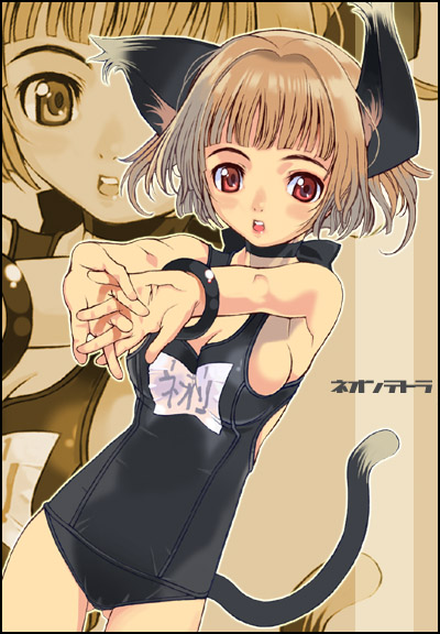 mibu natsuki, original, 1girl, animal ears, black one-piece swimsuit, breasts, brown hair, cat ears, cat girl, cat tail, female focus, name tag, one-piece swimsuit, red eyes, school swimsuit, short hair, sideboob, solo, swimsuit, tail, zoom layer
