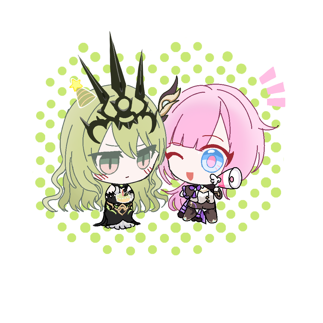 elysia (honkai impact), elysia (miss pink elf) (honkai impact), mobius (honkai impact), honkai (series), honkai impact 3rd, chinese commentary, commentary request, 2girls, ;o, black boots, black dress, black shorts, blue eyes, boots, chibi, chibi inset, corset, dress, green eyes, hair ornament, holding, holding megaphone, long hair, megaphone, multiple girls, one eye closed, pink hair, shorts, slit pupils, tiara, very long hair, white corset, yonghu yi zhuxiao