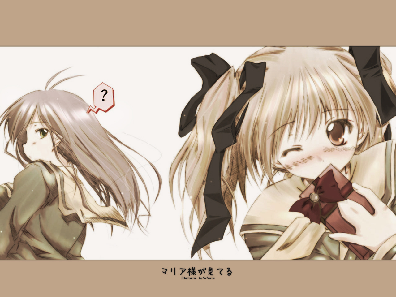 kamiya yuu, fukuzawa yumi, ogasawara sachiko, maria-sama ga miteru, 00s, 2girls, ?, blonde hair, blush, hair ribbon, long hair, multiple girls, one eye closed, ribbon, school uniform, spoken question mark, twintails