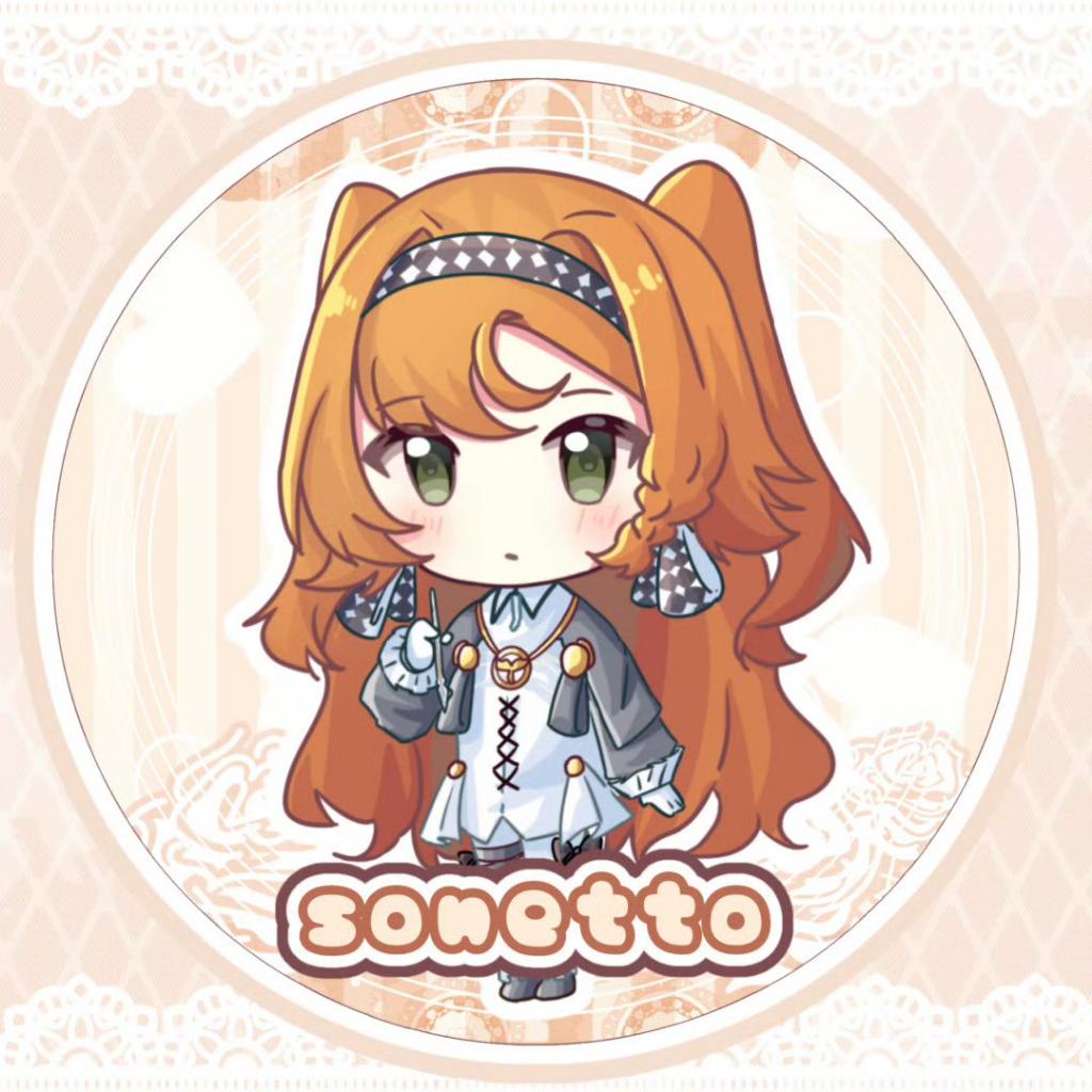 sonetto (reverse:1999), reverse:1999, 1girl, character name, checkered hairband, chibi, closed mouth, dot mouth, dress, full body, glass pen, gloves, green eyes, grey cloak, grey sleeves, hairband, holding, holding pen, kikuka, long hair, orange hair, pants, pants under dress, pen, short dress, solo, standing, two side up, white dress, white gloves, white pants