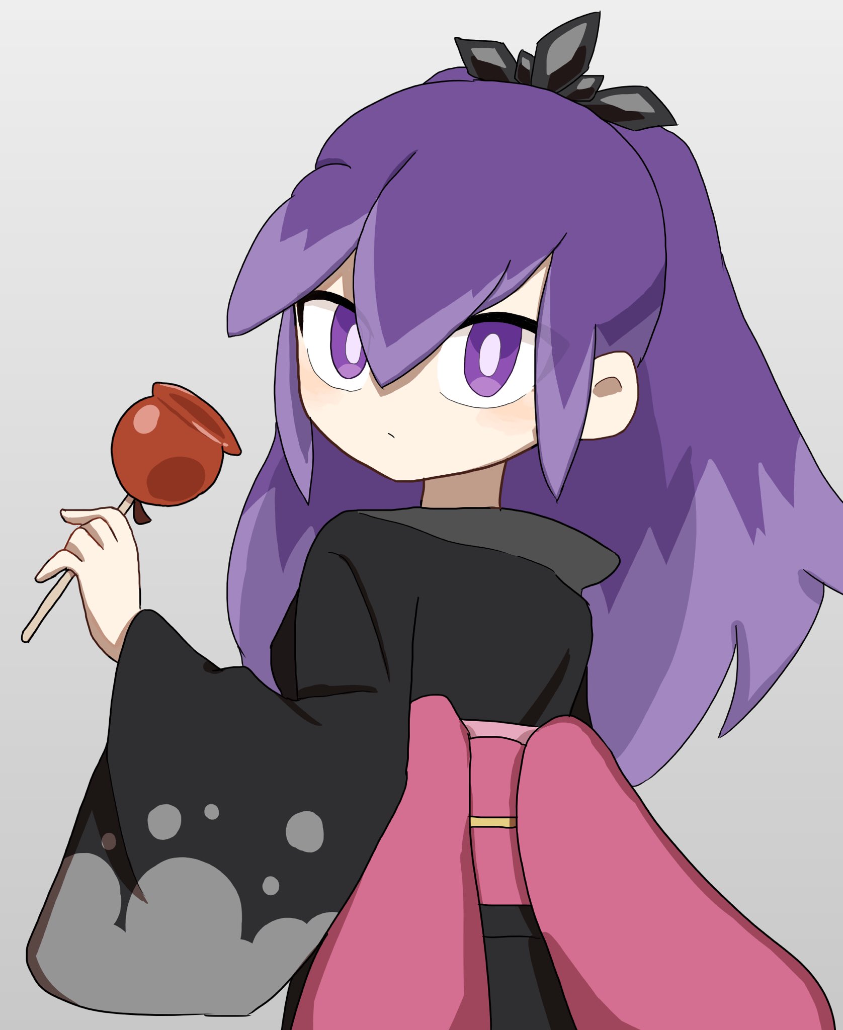 hyakkihime, youkai watch, highres, 1girl, aoringo yk, black kimono, candy apple, food, grey background, holding, holding candy apple, holding food, japanese clothes, kimono, long hair, looking at viewer, looking back, purple eyes, purple hair, simple background, solo, upper body, youkai (youkai watch)