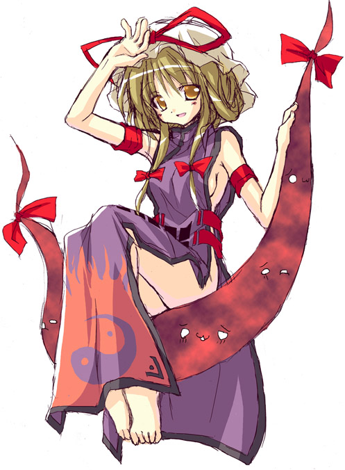 satou kibi, yakumo yukari, touhou, 1girl, :d, barefoot, blonde hair, breasts, dress, feet, female focus, gap (touhou), long hair, naked tabard, no panties, open mouth, sideboob, smile, solo, tabard, toes, yellow eyes