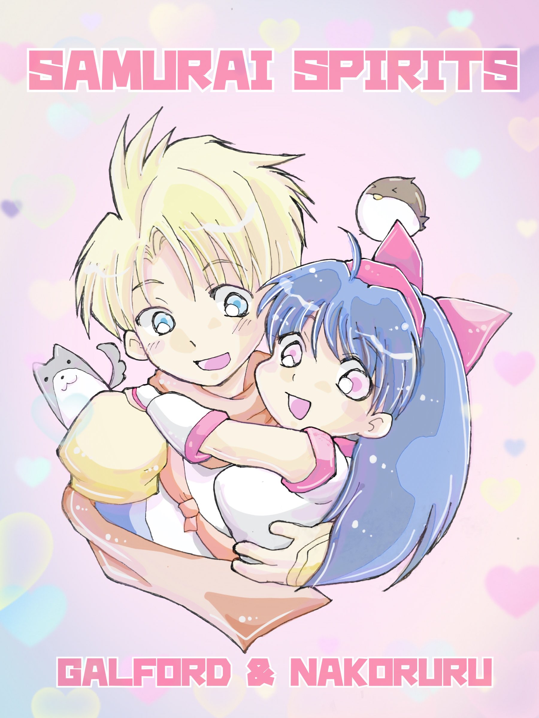galford d weller, mamahaha, nakoruru, poppy, samurai spirits, snk, highres, traditional media, 1boy, 1girl, ainu clothes, black hair, blonde hair, blue eyes, breasts, dog, english text, fingerless gloves, from side, gloves, hair ribbon, heart, japanese clothes, large breasts, long hair, looking at viewer, male focus, ninja, open mouth, pink eyes, pointy hair, ribbon, scarf, smile, tongue