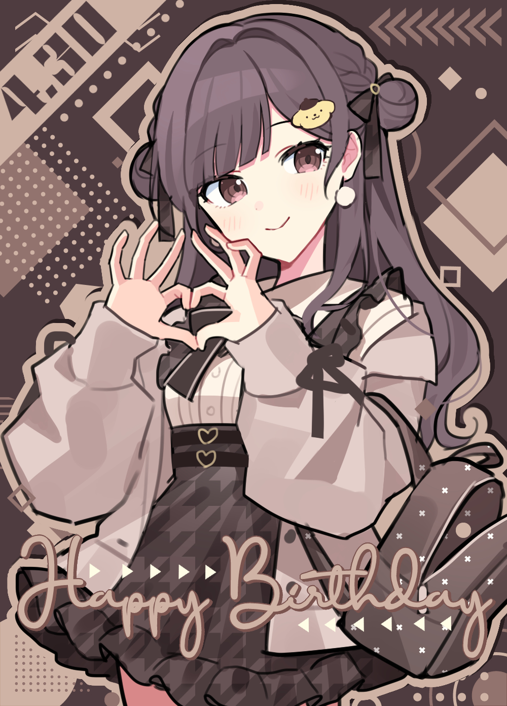 waka (wk4444), pompompurin, shinonome ena, project sekai, sanrio, commentary request, highres, 1girl, blush, brown bag, brown eyes, brown hair, brown jacket, brown skirt, brown theme, character hair ornament, earrings, fashion, french girly, hair ornament, happy birthday, heart, heart hands, jacket, jewelry, long hair, open clothes, open jacket, skirt, smile, solo, two side up