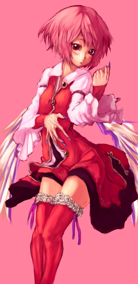 binayu, mystia lorelei, touhou, fur, 1girl, angel wings, blush, claws, dress, female focus, fingernails, long fingernails, long sleeves, looking at viewer, no headwear, pink hair, red eyes, red theme, red thighhighs, short hair, simple background, solo, thighhighs, unbuttoned, wide sleeves, wings, zettai ryouiki
