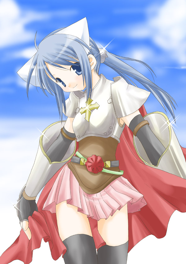 ebisu senri, lord knight (ragnarok online), ragnarok online, 1girl, animal ears, armor, armored dress, black thighhighs, brown tunic, cat ears, dress, extra ears, female focus, gloves, head tilt, low ponytail, ponytail, solo, thighhighs, tunic