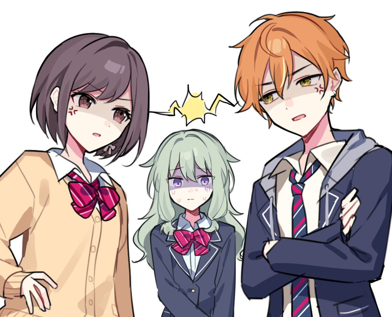 waka (wk4444), kusanagi nene, shinonome akito, shinonome ena, project sekai, commentary request, 1boy, 2girls, anger vein, april fools, blazer, bow, bowtie, brown hair, green hair, jacket, kamiyama high school uniform (project sekai), long hair, looking at another, multiple girls, necktie, orange hair, scared, school uniform, short hair, siblings, simple background, sweat, upper body, white background