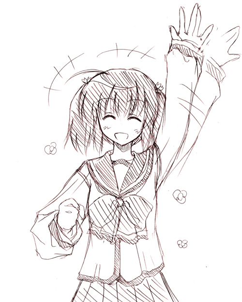 momiji mao, yuzuhara konomi, to heart (series), to heart 2, uniform, 00s, 1girl, arm up, bow, clenched hand, closed eyes, female focus, greyscale, hair tie, monochrome, simple background, sketch, skirt, smile, solo, waving, white background