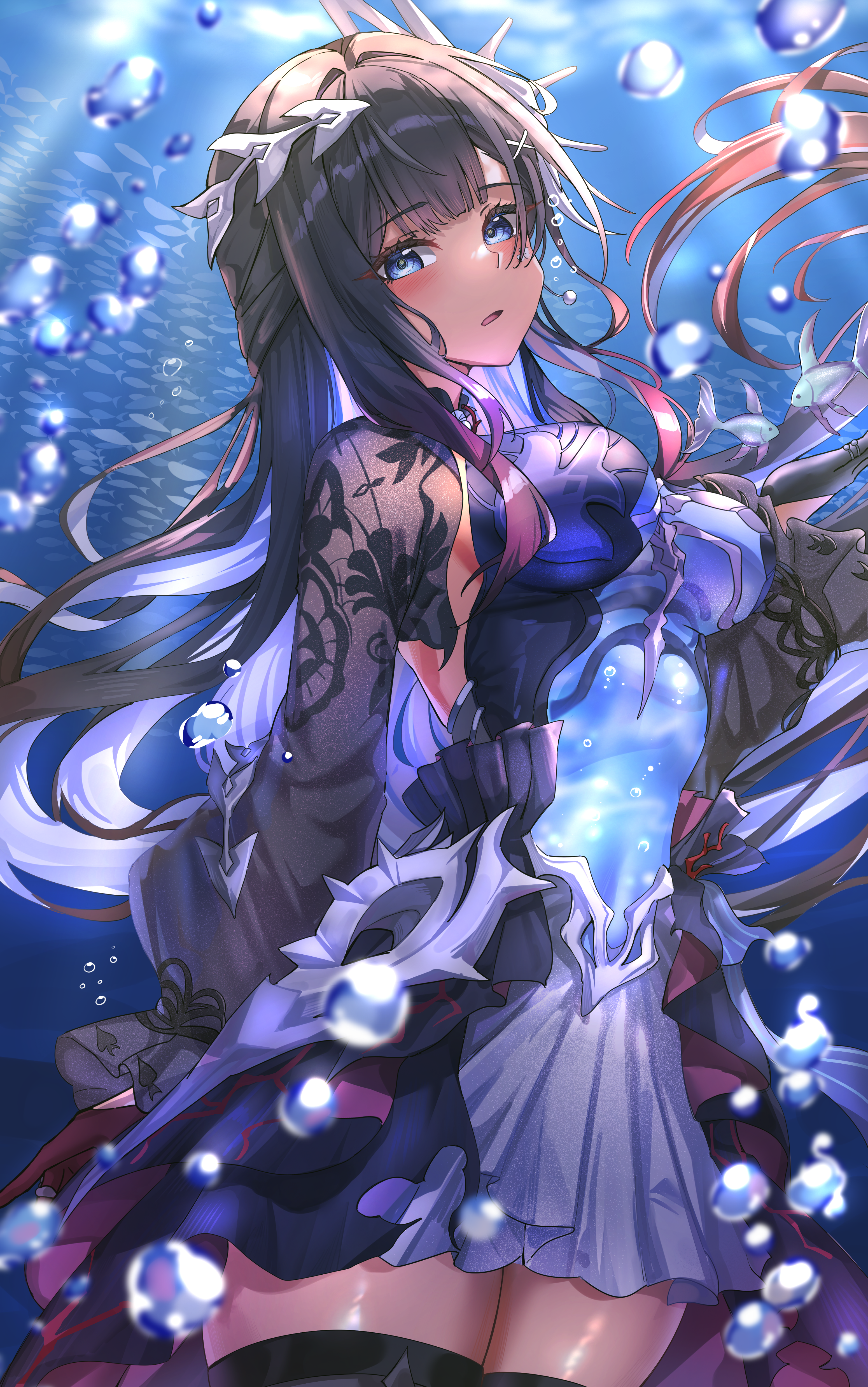 theory (oortcloud1111), hysilens (honkai: star rail), honkai: star rail, honkai (series), absurdres, commentary, highres, 1girl, black hair, black thighhighs, blue dress, blue eyes, blue hair, breasts, bubble, bush, colored inner hair, dress, hair ornament, large breasts, long hair, multicolored hair, parted lips, solo, thighhighs, thighs, two-tone hair, underwater, very long hair