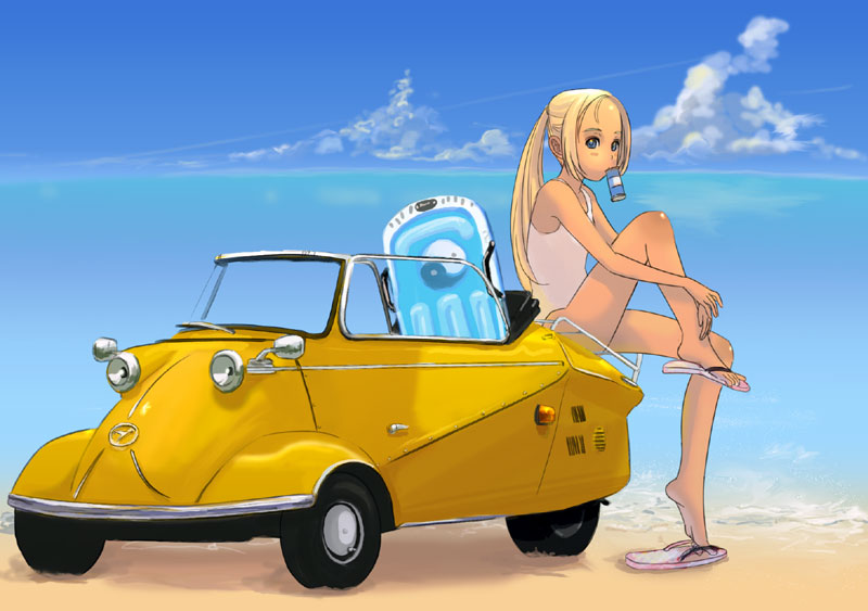 kiriman (souldeep), messerschmitt kr200, messerschmitt, original, 1girl, bare legs, barefoot, beach, blonde hair, blue eyes, can, car, child, cloud, day, feet, female focus, flip-flops, high ponytail, knee up, leg up, long hair, motor vehicle, mouth hold, ocean, on car, one-piece swimsuit, outdoors, ponytail, sand, sandals, sitting, sitting on object, sky, soles, solo, swimsuit, vehicle focus, water, white one-piece swimsuit, yin yang