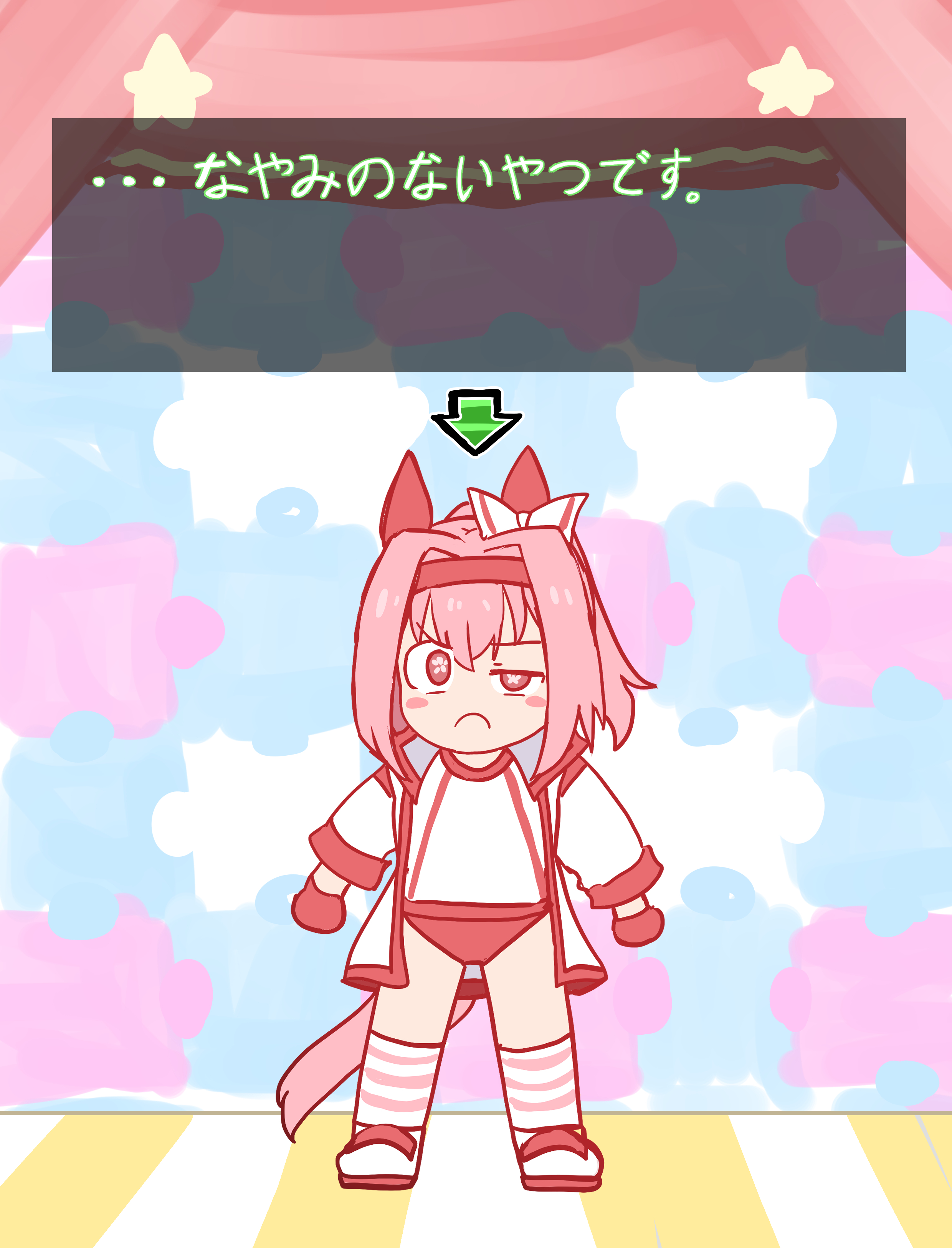 shi (kamokamo910), haru urara (umamusume), kirby (series), kirby super star, nintendo, umamusume, absurdres, commentary request, highres, translated, 1girl, animal ears, arrow (symbol), blush stickers, bow, buruma, chibi, ear bow, flower-shaped pupils, frown, gloves, gym shirt, hair between eyes, hairband, horse ears, horse girl, horse tail, jacket, long sleeves, looking at viewer, open clothes, open jacket, parody, pink hair, ponytail, red buruma, red eyes, red gloves, red hairband, shirt, shoes, socks, solo, standing, striped clothes, striped socks, symbol-shaped pupils, tail, uneven eyes, v-shaped eyebrows, white bow, white jacket, white shirt, white shoes