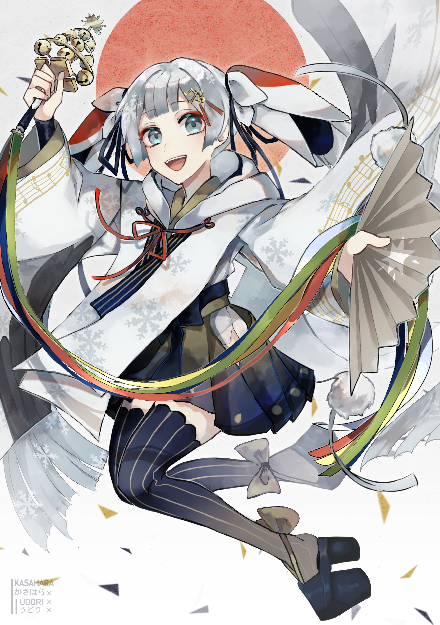 kasahara udori, hatsune miku, yuki miku, yuki miku (2018), vocaloid, absurdres, highres, 1girl, bell, black skirt, black thighhighs, chihaya (clothing), fortissimo, green eyes, hair ornament, holding, holding bell, japanese clothes, jingle bell, kagura suzu, long hair, long sleeves, looking at viewer, miko, musical note, musical note hair ornament, musical note print, musical staff, musical staff print, official alternate costume, official alternate hairstyle, open mouth, platform sandals, pleated skirt, sandals, skirt, smile, solo, striped clothes, striped thighhighs, thighhighs, twintails, very long hair, white hair, wide sleeves