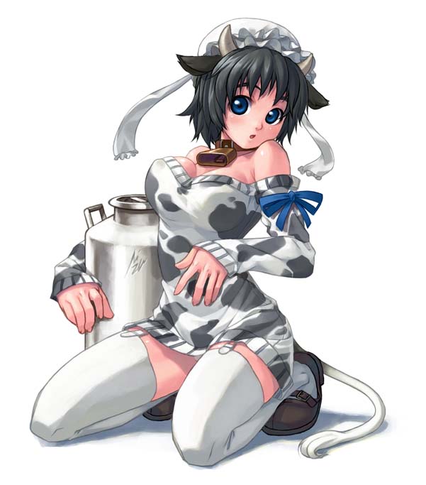 mizuki gyokuran, original, 1girl, :o, animal ears, animal print, bell, blue eyes, collar, cow ears, cow girl, cow print, cow tail, cowbell, detached sleeves, female focus, garter belt, horns, kneeling, looking at viewer, neck bell, open mouth, panties, solo, tail, thighhighs, underwear, white thighhighs, zettai ryouiki