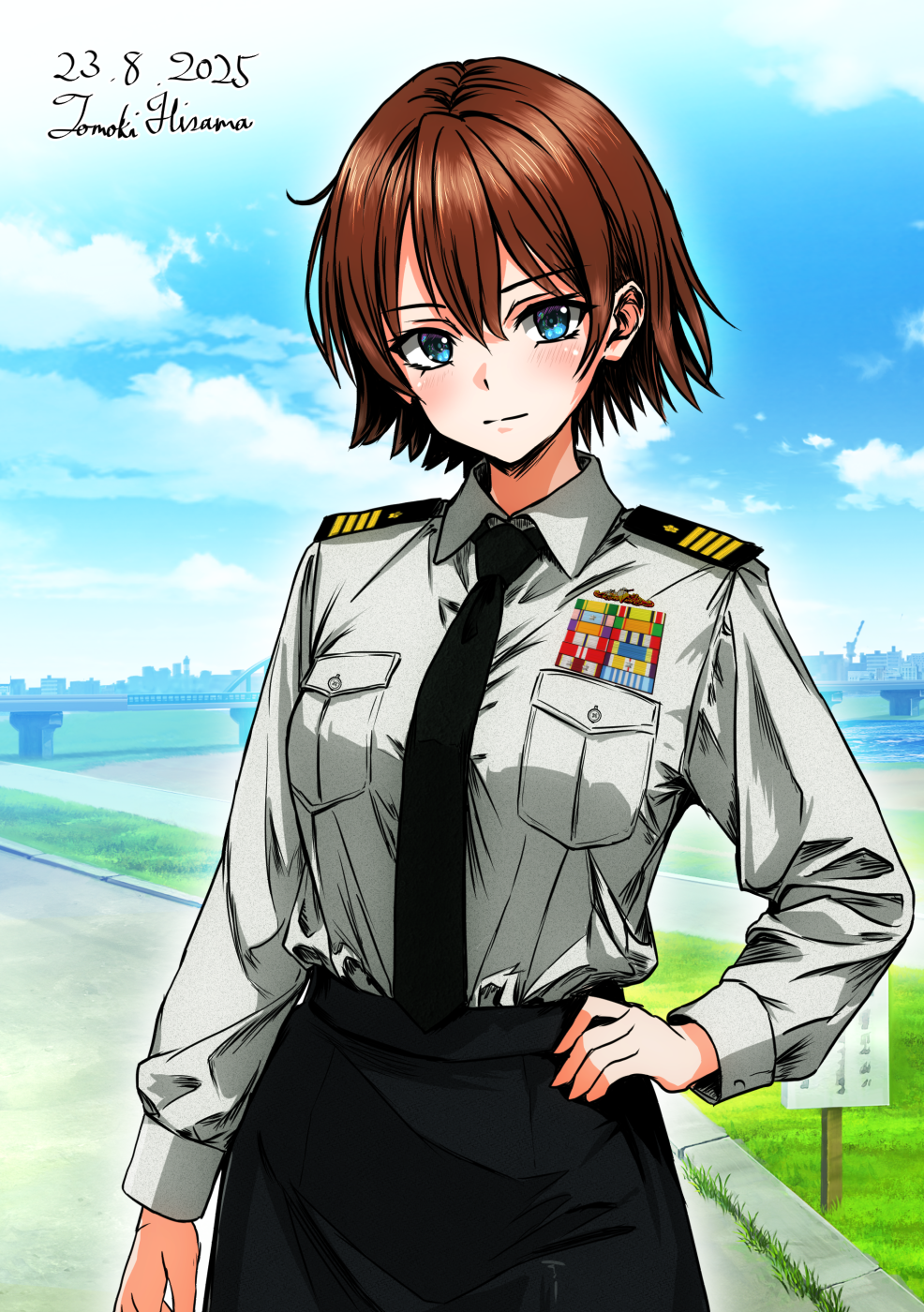 hisamatomoki, hiei (kancolle), japan maritime self-defense force, japan self-defense force, kantai collection, commentary request, highres, 1girl, alternate costume, artist name, black necktie, black skirt, blue eyes, blue sky, brown hair, collared shirt, dated, flipped hair, hair between eyes, hand on own hip, long sleeves, military, military dress uniform, military rank insignia, military uniform, naval dress uniform, naval uniform, necktie, one-hour drawing challenge, ribbon bar, shirt, short hair, skirt, sky, solo, white shirt