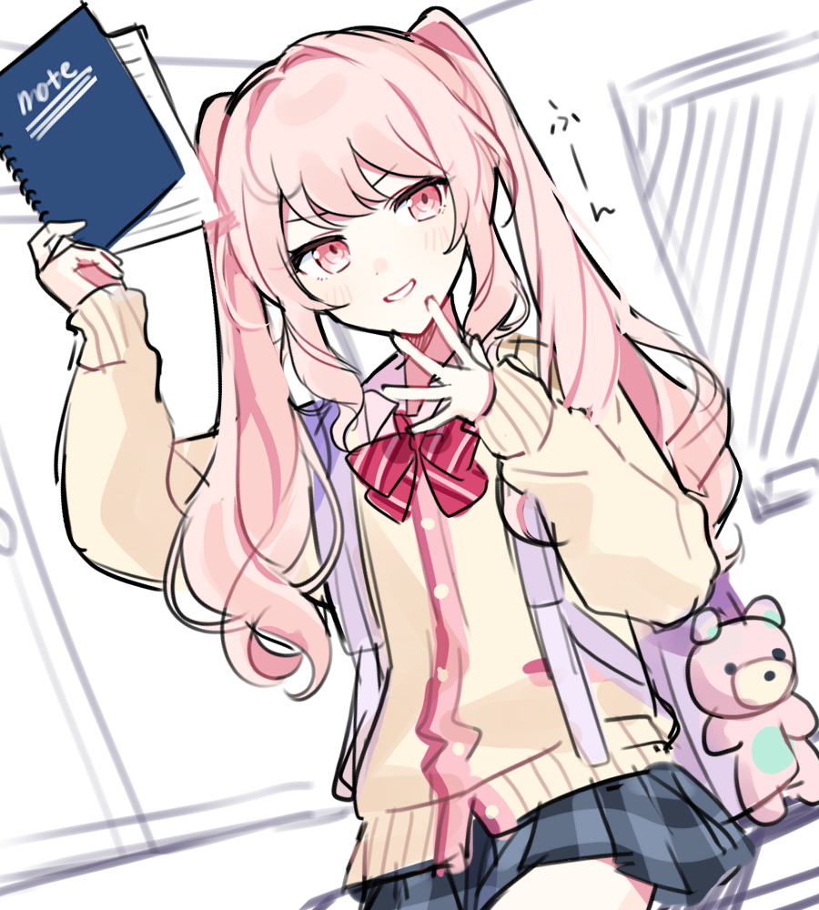 waka (wk4444), akiyama mizuki, project sekai, commentary request, 1other, alternate hairstyle, blue skirt, blush, bow, bowtie, cardigan, diagonal-striped bow, diagonal-striped bowtie, diagonal-striped clothes, grin, holding, holding notebook, kamiyama high school uniform (project sekai), long hair, long sleeves, notebook, other focus, pink eyes, pink hair, plaid clothes, plaid skirt, pleated skirt, pov bullying, red bow, red bowtie, school uniform, shirt, skirt, smile, solo, striped bow, striped bowtie, striped clothes, twintails, very long hair, white shirt, yellow cardigan