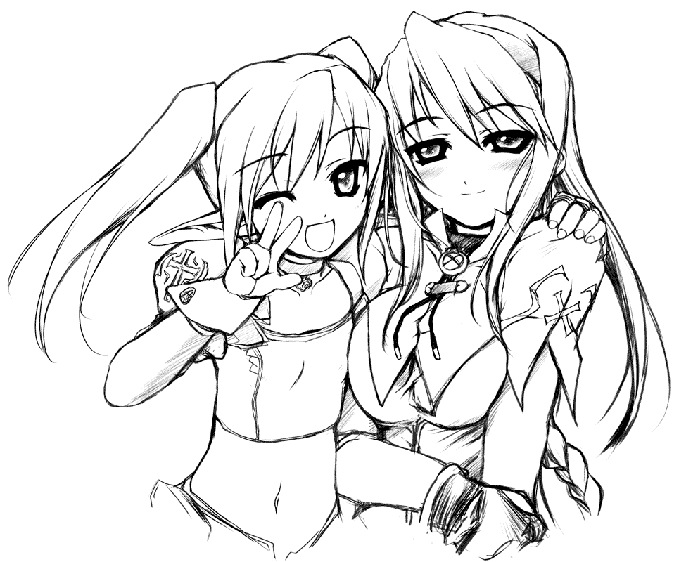 masuda afura, phil ehart, saika s. falnese, pastel chime, pastel chime continue, 2girls, ;d, breasts, elf, flat chest, gloves, greyscale, hairband, hand on another's shoulder, large breasts, light smile, long hair, long pointy ears, midriff, monochrome, multiple girls, navel, one eye closed, open mouth, pointy ears, smile, twintails, v, w, wink