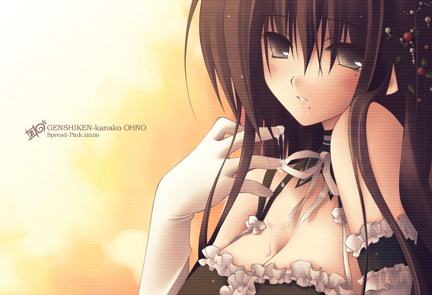 zinno, kousaka tamaki, oono kanako, genshiken, kore ga watashi no goshujin-sama, to heart (series), to heart 2, 1girl, arm garter, artist name, bare shoulders, blush, bow, breasts, brown eyes, brown hair, character name, choker, circle name, cleavage, copyright name, cosplay, detached collar, elbow gloves, female focus, frills, from side, gloves, grin, hair between eyes, hand up, kousaka tamaki (cosplay), large breasts, long hair, looking at viewer, maid, maid headdress, mole, mole under eye, mole under mouth, nakabayashi yoshitaka's maid uniform, orange background, parted lips, ribbon, scanlines, signature, smile, solo, suggestive fluid, upper body, white gloves