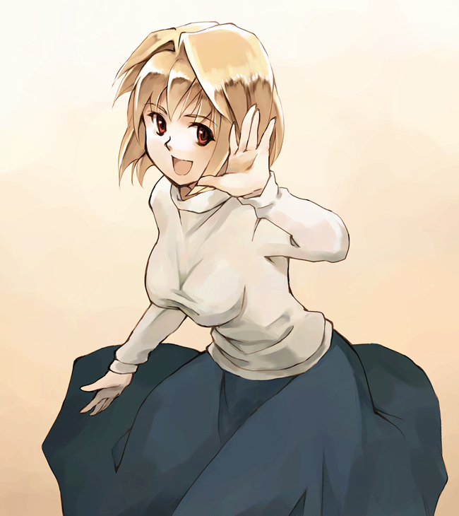 yukihashi, arcueid brunestud, tsukihime, 00s, 1girl, ||/, blonde hair, female focus, long skirt, red eyes, salute, short hair, skirt, smile, solo, sweater, turtleneck