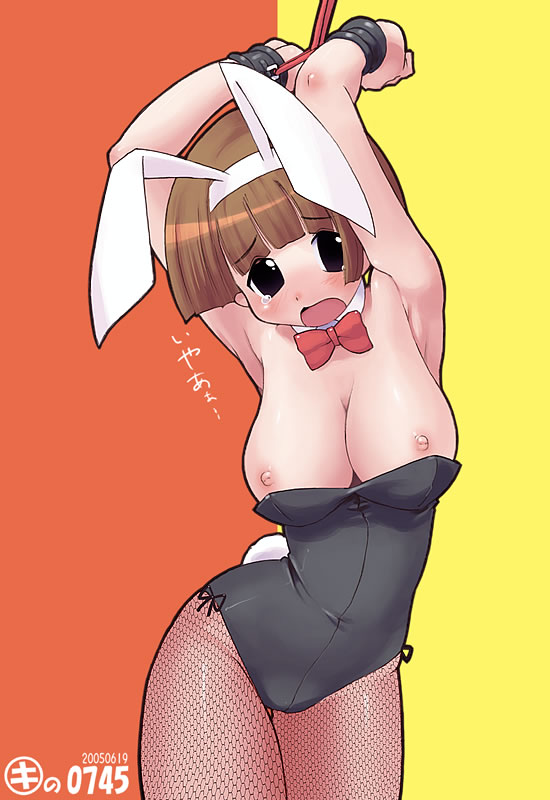 kei jiei, miyata akira, pani poni dash!, 00s, 1girl, animal ears, armpits, bdsm, bondage, bound, bow, bowtie, breasts, brown hair, detached collar, fake animal ears, female focus, fishnet pantyhose, fishnets, hairband, large breasts, leotard, nipples, pantyhose, playboy bunny, rabbit ears, rabbit tail, red bow, red bowtie, solo, tail, tears