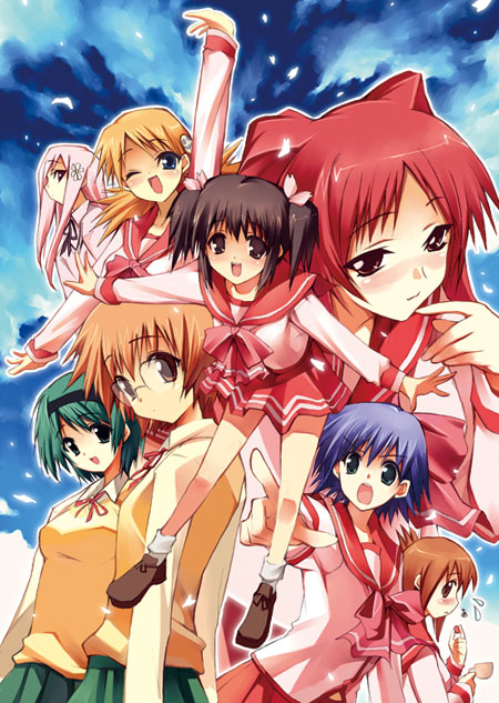 shihira tatsuya, komaki manaka, kousaka tamaki, lucy maria misora, sasamori karin, tonami yuma, yamada michiru, yoshioka chie, yuzuhara konomi, to heart (series), to heart 2, 00s, 6+girls, black hair, blonde hair, blue hair, blush, brown hair, everyone, glasses, green hair, hairband, long hair, long sleeves, multiple girls, one eye closed, orange hair, pink hair, pleated skirt, pointing, red hair, school uniform, serafuku, short hair, short twintails, skirt, sweatdrop, twintails, wink
