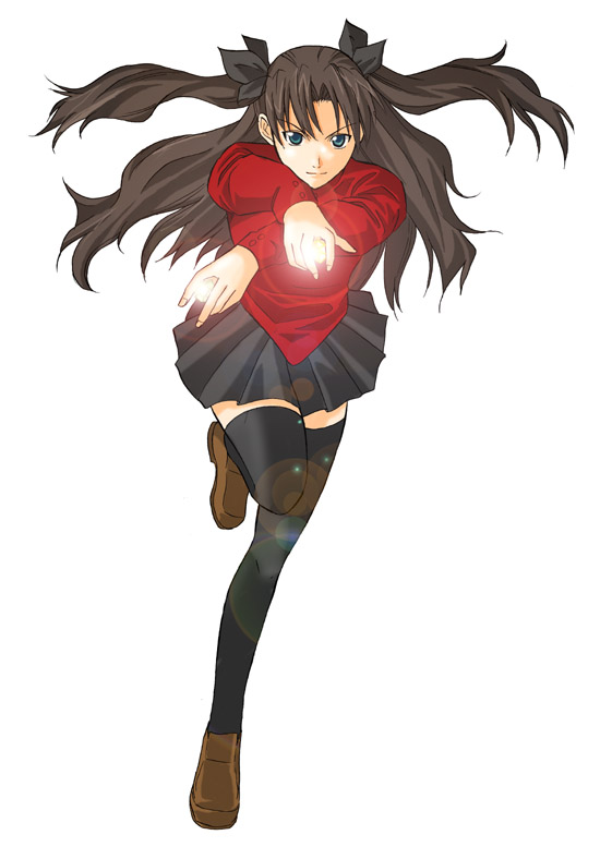 toshibou (satsukisou), tohsaka rin, fate/stay night, fate (series), 00s, 1girl, black hair, black thighhighs, blue eyes, female focus, glowing, glowing hand, legs, lens flare, long legs, running, solo, thighhighs, turtleneck, twintails, two side up, zettai ryouiki