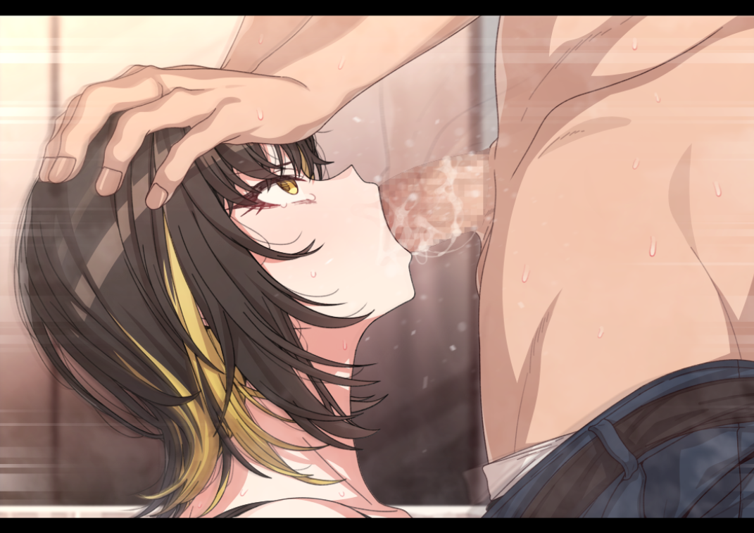 erere, ikaruga luca, idolmaster, idolmaster shiny colors, commentary request, 1boy, 1girl, blonde hair, brown hair, censored, fellatio, hands on another's head, irrumatio, letterboxed, lying, mosaic censoring, motion lines, multicolored hair, on side, oral, penis, profile, two-tone hair, yellow eyes