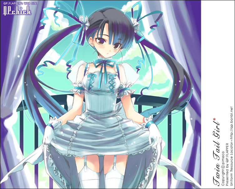 qp:flapper, original, 1girl, asymmetrical bangs, clothes lift, copyright notice, cowboy shot, day, female focus, garter straps, gloves, hair ribbon, lifting own clothes, long hair, looking at viewer, ribbon, see-through clothes, skirt, skirt lift, solo, thighhighs, twintails, very long hair, white gloves, white thighhighs
