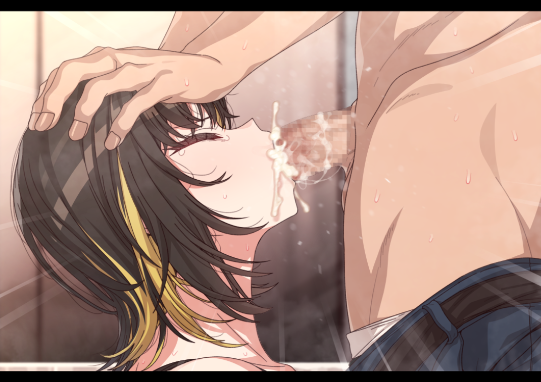 erere, ikaruga luca, idolmaster, idolmaster shiny colors, commentary request, 1boy, 1girl, blonde hair, brown hair, censored, closed eyes, cum, cum in mouth, cum overflow, fellatio, hands on another's head, irrumatio, letterboxed, lying, mosaic censoring, multicolored hair, on side, oral, penis, profile, two-tone hair