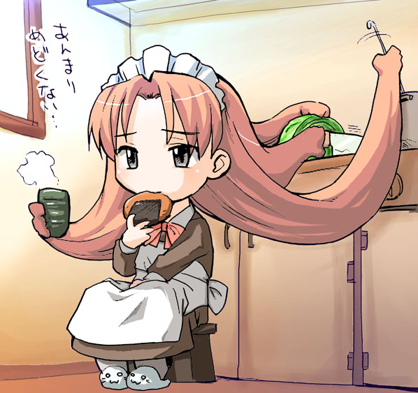 medoi, futaba channel, nijiura maids, 1girl, animal slippers, bonnet, bunny slippers, cooking, cup, eating, female focus, food, indoors, maid, maid headdress, orange hair, prehensile hair, senbei, slippers, solo, steam, tea, white slippers, yunomi