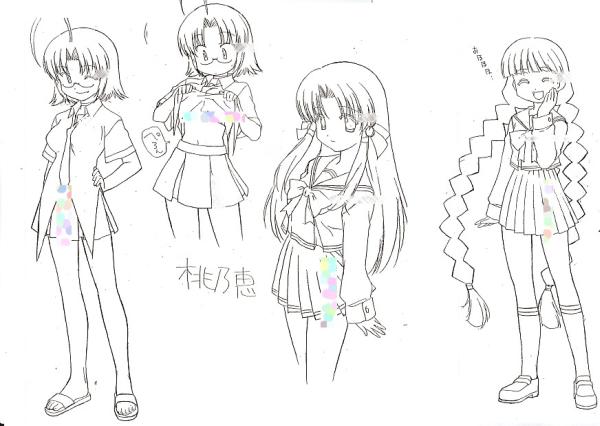aoba kozue, chanohata tamami, momono megumi, mahoraba, 00s, 3girls, ahoge, braid, censored, clothes lift, glasses, greyscale, hair tubes, hand on own cheek, hand on own face, kneehighs, long hair, monochrome, multiple girls, sandals, school uniform, shirt lift, short hair, sketch, skirt, smile, socks, twin braids, white background