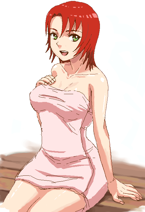 yuuki nao, my-hime, 00s, 1girl, :d, bare shoulders, bench, breasts, cleavage, female focus, green eyes, hair between eyes, hand on own chest, impossible towel, large breasts, looking at viewer, naked towel, oekaki, open mouth, red hair, short hair, simple background, sitting, sketch, smile, solo, taut clothes, towel, white background, wide hips