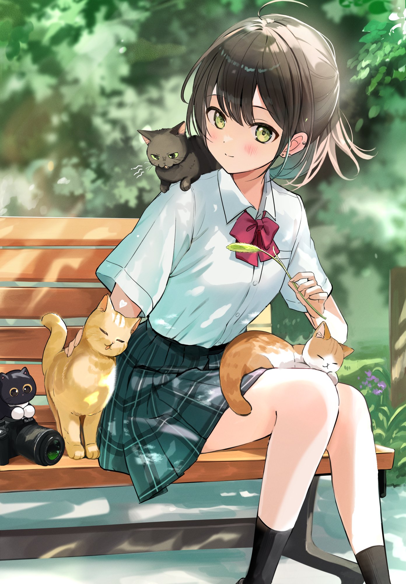yukimaru nun, original, highres, 1girl, bench, black hair, black socks, blush, bow, camera, cat, cat teaser, closed eyes, closed mouth, collared shirt, green eyes, holding, holding cat teaser, looking at viewer, on bench, open mouth, outdoors, red bow, school uniform, shirt, shoes, short hair, short sleeves, sitting, skirt, sleeping, smile, socks, tree, white shirt