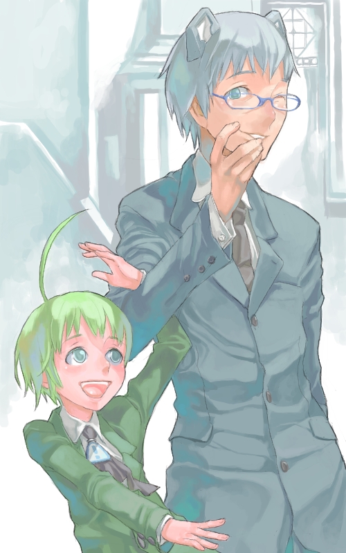 2k-kun, me-kun, os-tan, !, 2boys, :d, ahoge, animal ears, blue eyes, blue hair, child, formal clothes, glasses, green hair, grin, height difference, locked arms, male focus, multiple boys, open mouth, size difference, smile, suit, upper body