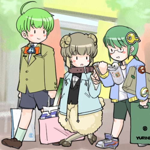 homeo, me-kun, shitsuji, xp home-tan, xphome, animal half, os-tan, lowres, 3boys, ahoge, animal ears, bag, belt, blush, book, bow, bowtie, collar, glasses, green hair, groceries, hair ornament, horns, jacket, male focus, milk carton, multiple boys, outdoors, road, sheep ears, shoes, shorts, sign, smile, sneakers, spring onion, street, talking, vest, walking, warning sign