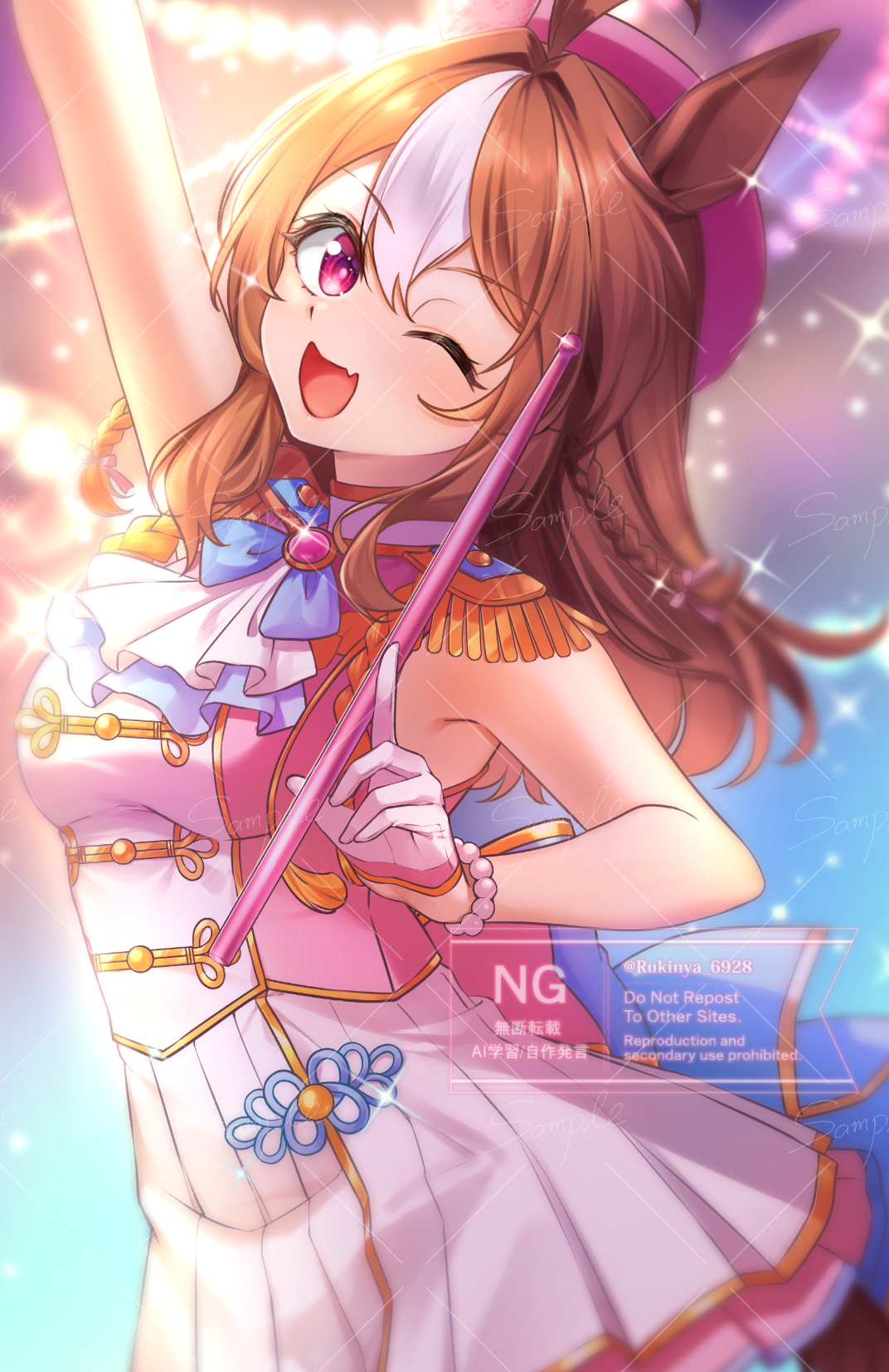 rukinya (nyanko mogumogu), copano rickey (umamusume), umamusume, commentary, english commentary, highres, 1girl, ;d, animal ears, arm up, brown hair, epaulettes, gloves, horse ears, horse girl, horse tail, looking at viewer, multicolored hair, one eye closed, open mouth, pink eyes, skirt, smile, solo, tail, two-tone hair, white gloves, white hair, white skirt