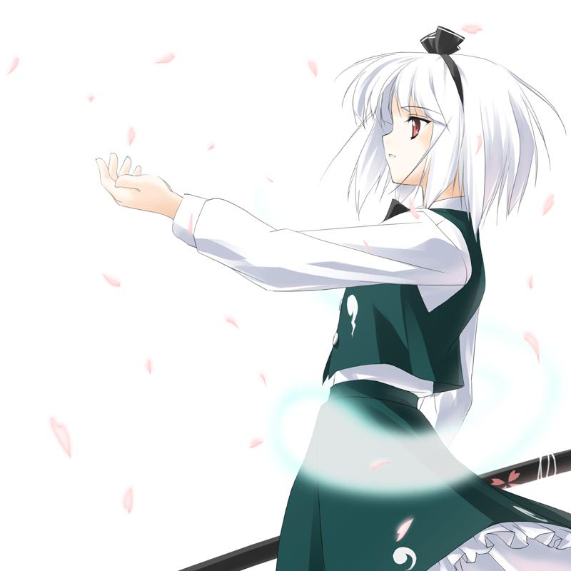 rokuwata tomoe, konpaku youmu, konpaku youmu (ghost), touhou, looking away, silver hair, jpeg artifacts, 1girl, bob cut, cherry blossoms, expressionless, female focus, hairband, hitodama, katana, long sleeves, outstretched hand, parted lips, petals, profile, red eyes, sheath, sheathed, shirt, skirt, skirt set, solo, standing, sword, weapon