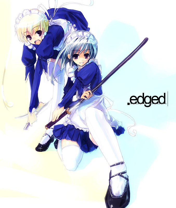 refeia, original, 2girls, apron, blonde hair, blue hair, katana, maid, maid apron, maid headdress, mary janes, multiple girls, shoes, sword, thighhighs, weapon, white thighhighs, zettai ryouiki