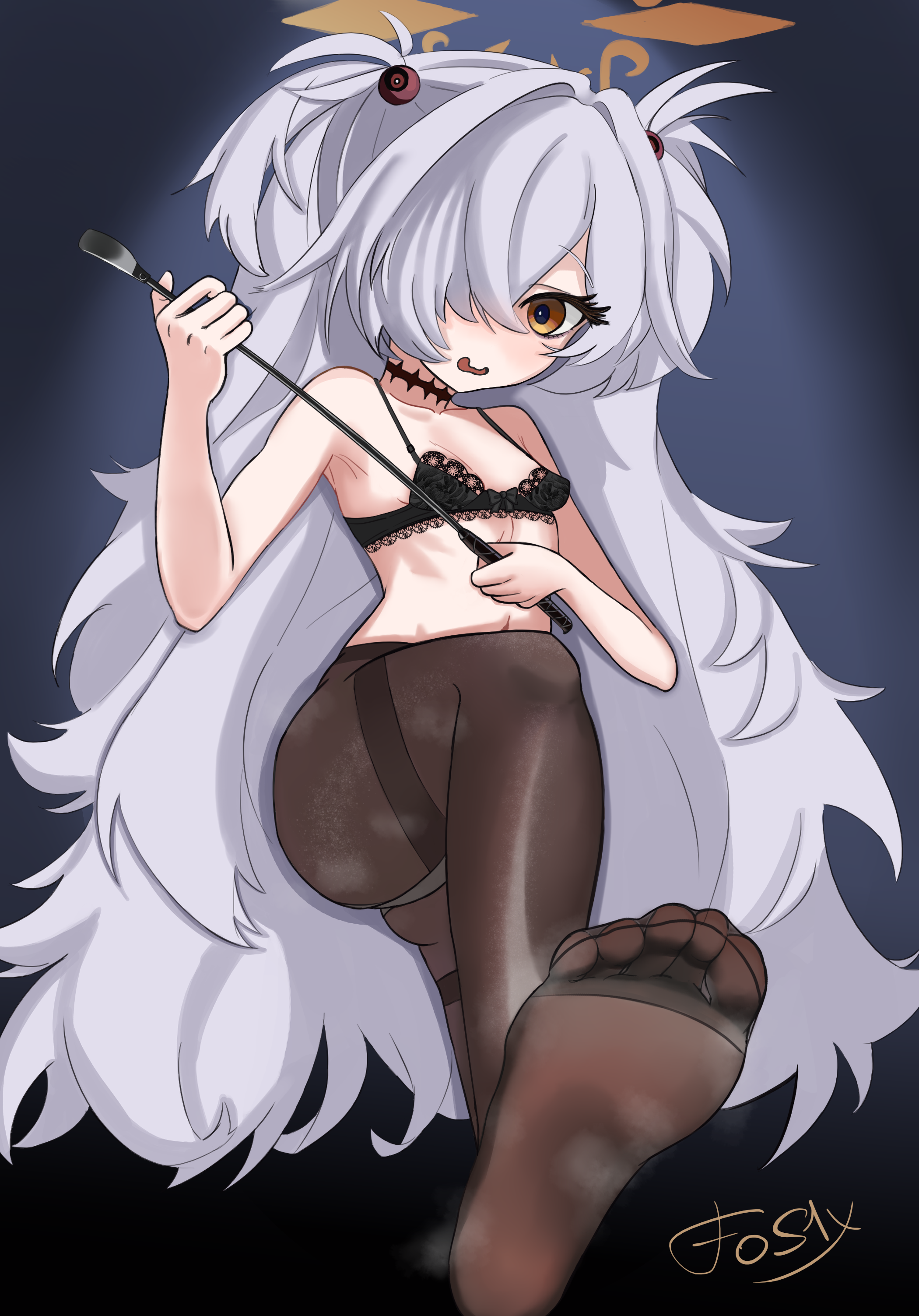fos1x, kanoe (blue archive), blue archive, absurdres, highres, black pantyhose, bra, halo, holding, holding whip, pantyhose, riding crop, soles, stepped on, underwear, white hair