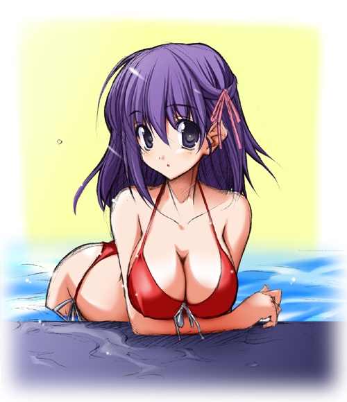 matou sakura, fate/stay night, fate (series), 00s, 1girl, bikini, breasts, cleavage, female focus, front-tie top, large breasts, long hair, purple eyes, purple hair, red bikini, side-tie bikini bottom, solo, string bikini, swimsuit