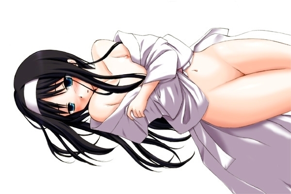 ayase toworu, tohno akiha, tsukihime, 00s, 1girl, bare shoulders, black hair, blue eyes, blush, bottomless, breasts, censored, convenient censoring, female focus, flat chest, hair over breasts, hairband, long hair, lying, navel, nipples, no bra, off shoulder, on back, open clothes, open robe, robe, simple background, solo, white background