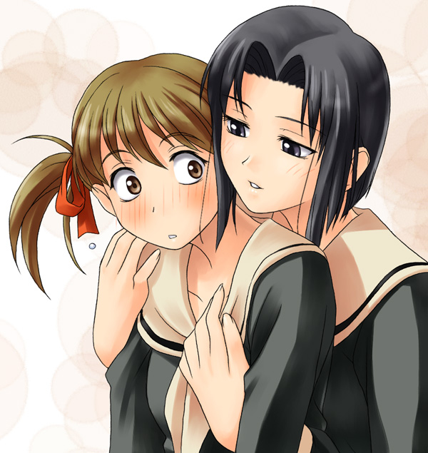 fukuzawa yumi, mizuno youko, maria-sama ga miteru, 00s, 2girls, black hair, blush, bow, brown eyes, brown hair, embarrassed, grey eyes, hair bow, hug, hug from behind, multiple girls, twintails, yuri