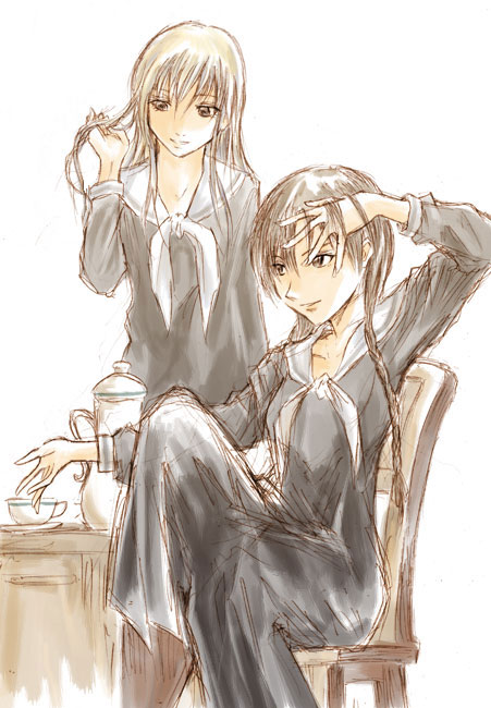 raid slash, shimazu yoshino, toudou shimako, maria-sama ga miteru, 00s, 2girls, adjusting hair, brown eyes, brown hair, chair, cup, hand in own hair, long hair, long sleeves, multiple girls, school uniform, serafuku, sketch, teacup, teapot, twirling hair