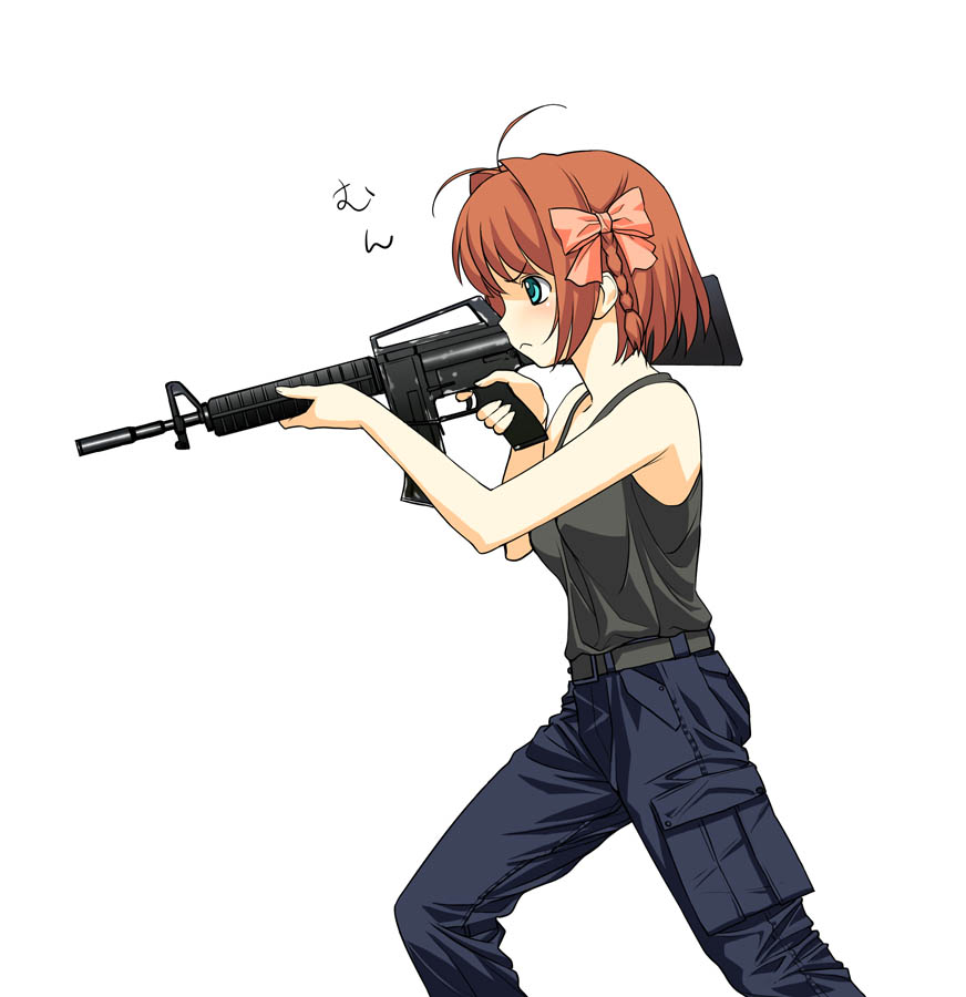 a1 (initial-g), suzumiya haruka, haou airen, kimi ga nozomu eien, muv-luv, muv-luv alternative, sniper, 1girl, assault rifle, blue eyes, braid, brown hair, female focus, gun, hair ribbon, m16, m16a2, meme, neta, parody, pink ribbon, ribbon, rifle, shirt, sleeveless, sleeveless shirt, solo, weapon, you're doing it wrong