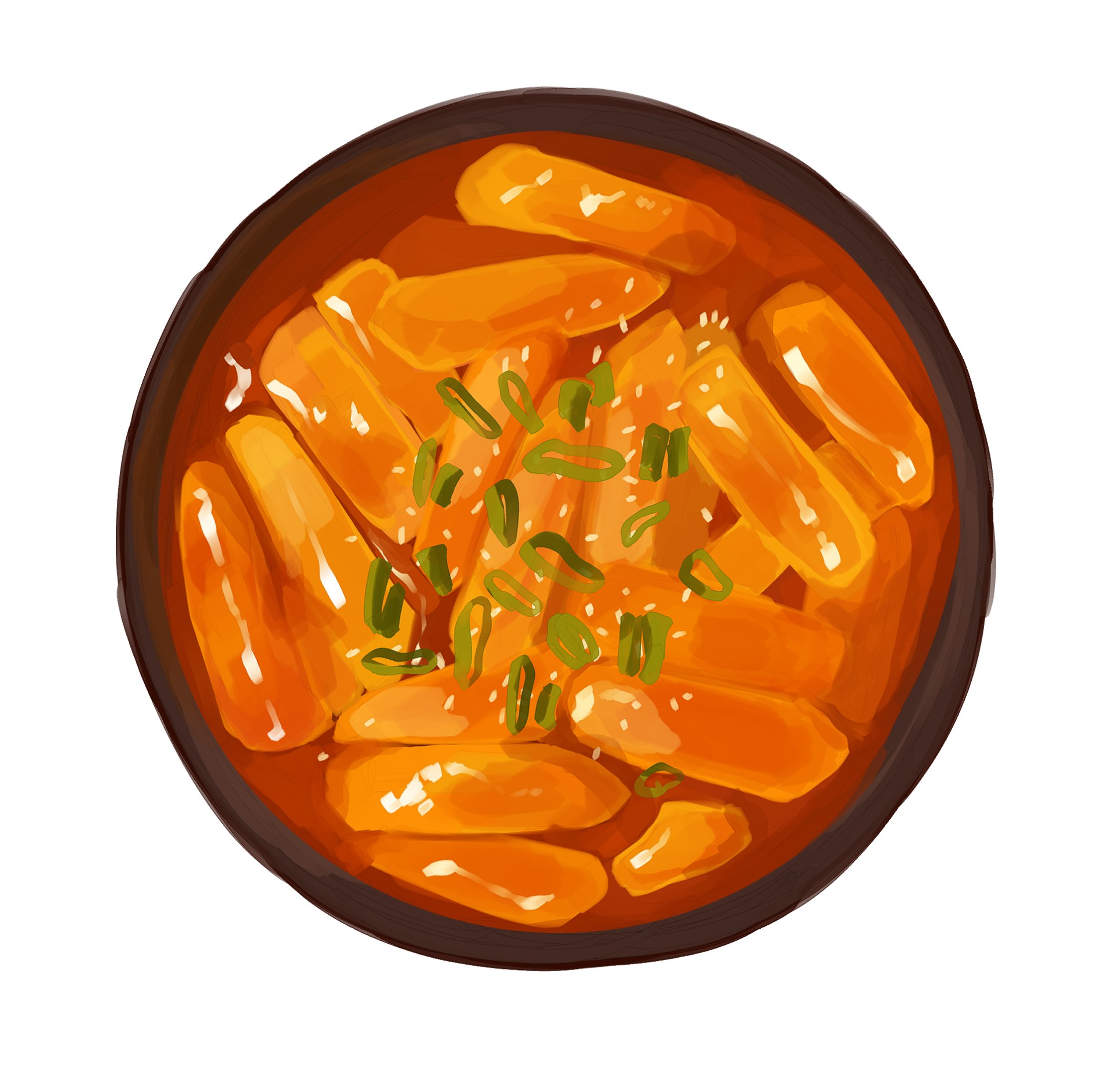 himochuu, original, commentary, english commentary, highres, bowl, chopped spring onion, food, food focus, from above, no humans, painterly, simple background, soup, tteokbokki, white background