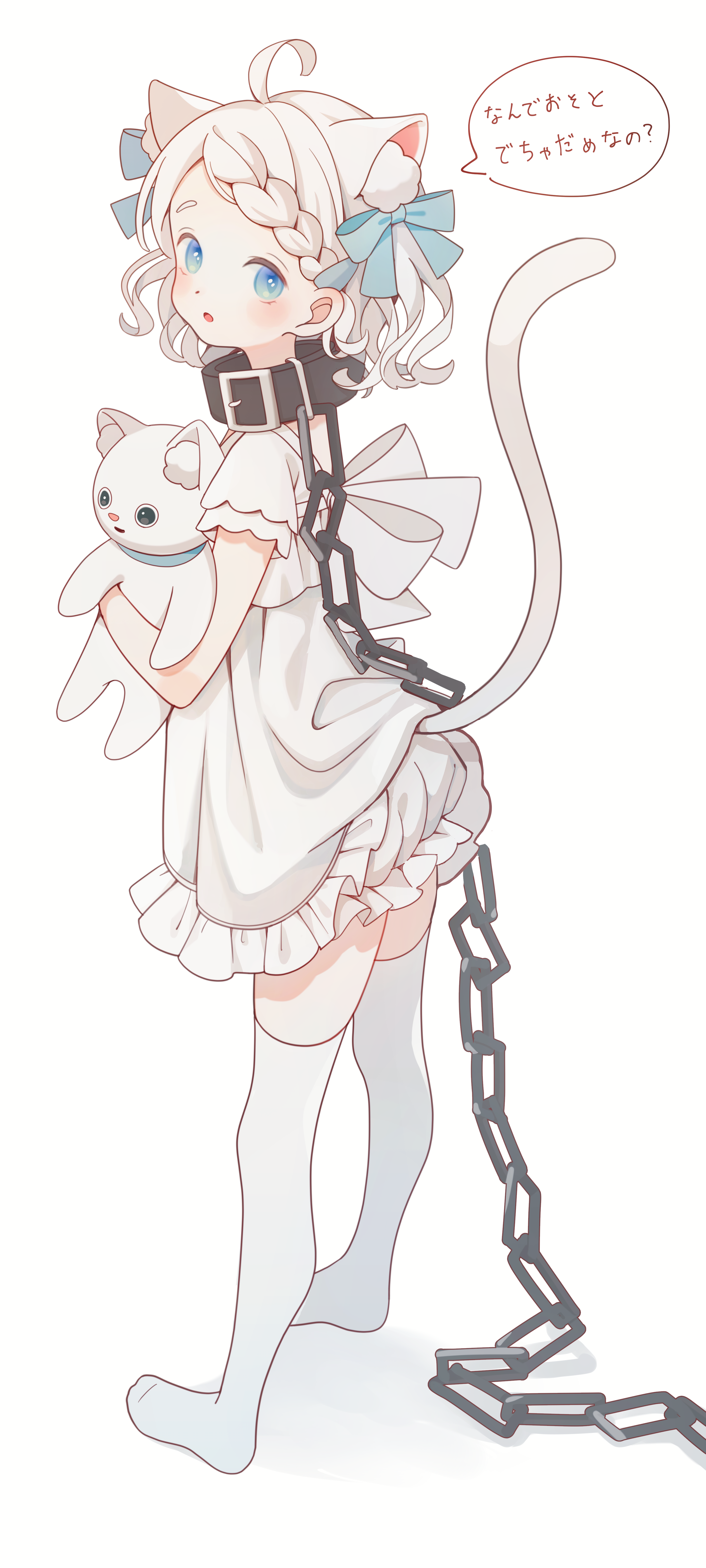 shiraho (color-56), original, absurdres, commentary request, highres, translation request, 1girl, :o, ahoge, animal ear fluff, animal ears, black collar, bloomers, blue bow, blue eyes, blush, bow, braid, cat ears, cat girl, cat tail, chain, collar, dress, full body, hair bow, lifted by tail, looking at viewer, no shoes, open mouth, short sleeves, simple background, solo, speech bubble, standing, tail, thighhighs, underwear, white background, white bloomers, white dress, white hair, white thighhighs