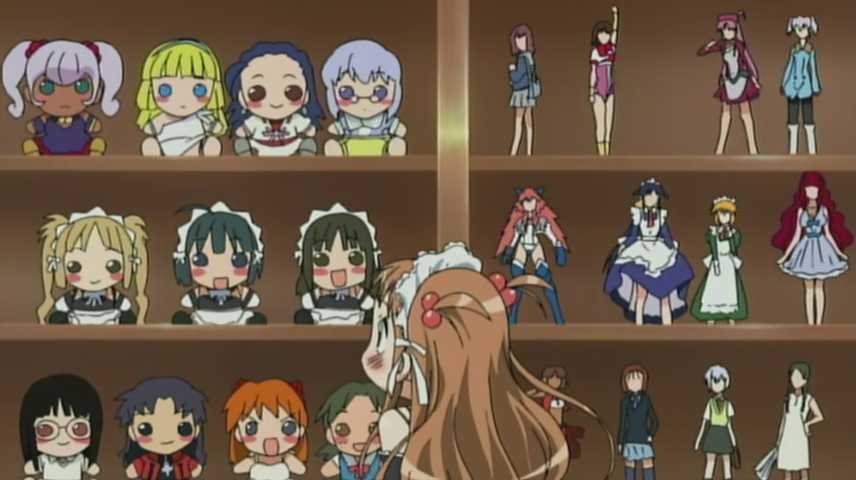 asahina arumi, ayanami rei, cocoloo, elmina, glenda (puchi puri yucie), katsuragi misato, kurauchi anna, samejima mamimi, sawatari izumi, sawatari karin, sawatari mitsuki, souryuu asuka langley, yucie, abenobashi mahou shoutengai, flcl, fushigi no umi no nadia, gainax, kareshi kanojo no jijou, kore ga watashi no goshujin-sama, mahoromatic, neon genesis evangelion, puchi puri yucie, top wo nerae!, top wo nerae! (series), top wo nerae 2!, anime screenshot, 00s, 1990s (style), 1girl, ahoge, apron, bare shoulders, blonde hair, blue dress, blunt bangs, blush stickers, braid, character doll, company connection, cross, cross necklace, dark-skinned female, dark skin, doll, dress, female focus, figure, glasses, green dress, green hair, hair bobbles, hair ornament, hand on own hip, indoors, jewelry, leotard, long hair, maid, maid apron, maid headdress, midriff, nakabayashi yoshitaka's maid uniform, necklace, orange tail, retro artstyle, school uniform, sitting, solo, standing, stuffed animal, stuffed toy, thighhighs, twin braids, twintails, two side up, waist apron, white frills, zettai ryouiki