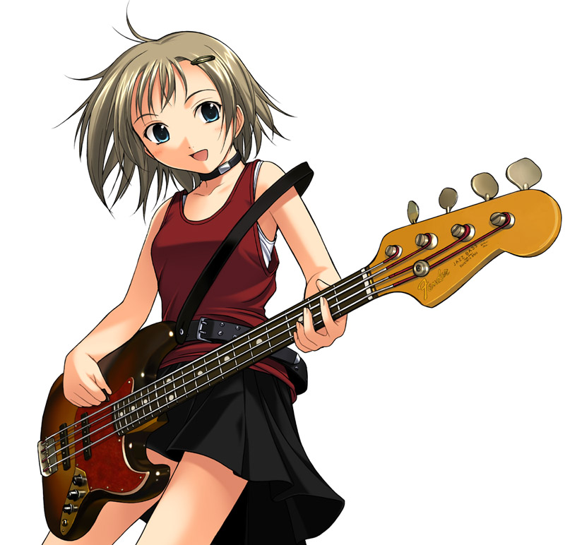 honda naoki, 1girl, bare arms, bass guitar, belt, black skirt, blue eyes, blush, bob cut, brown hair, choker, collarbone, cowboy shot, electric guitar, female focus, guitar, hair ornament, hairclip, instrument, music, open mouth, pinup (portrait), playing instrument, short hair, simple background, skirt, sleeveless, smile, solo, white background
